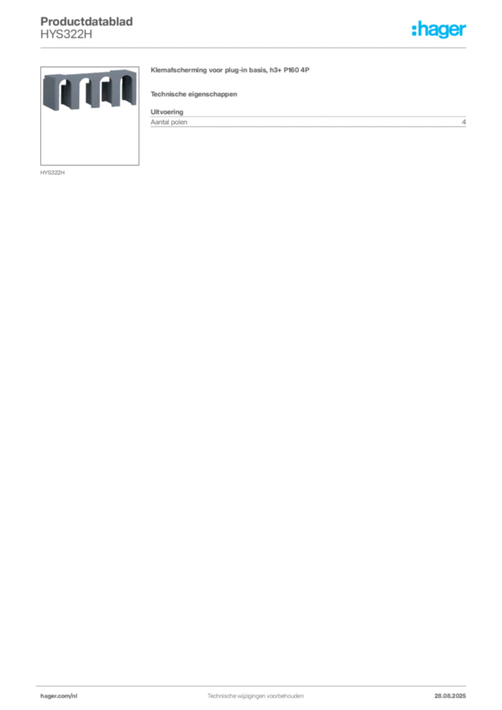 Afbeelding Hager Productdatablad HYS322H | Hager Nederland