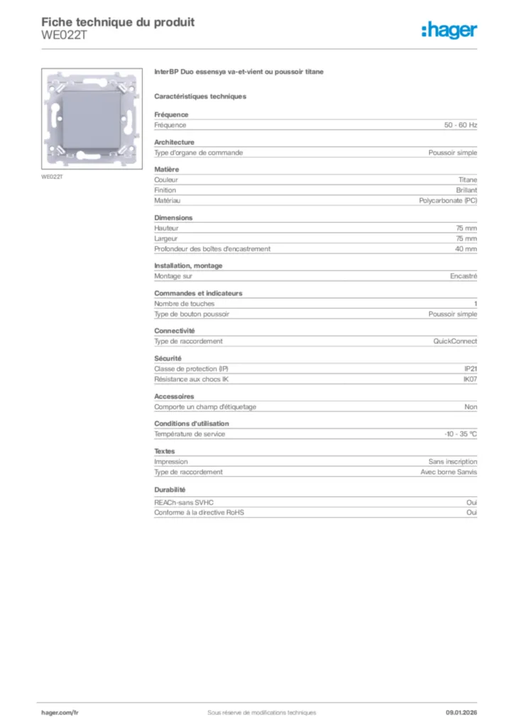 Image Hager Fiche technique du produit WE022T | Hager France