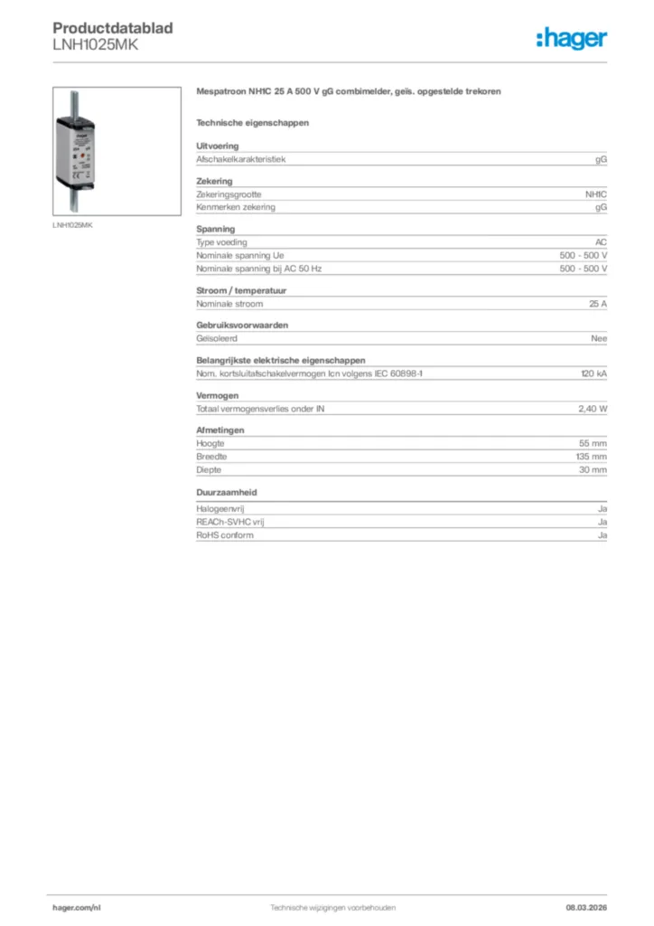 Afbeelding Hager Productdatablad LNH1025MK | Hager Nederland