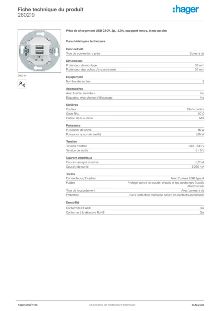 Image Hager Fiche technique du produit 260219 | Hager Belgique