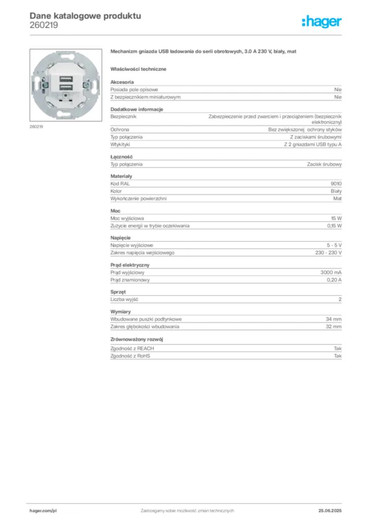 Zdjęcie Hager Karta katalogowa 260219 | Hager Polska