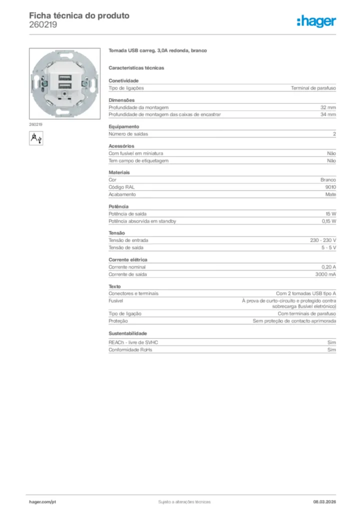 Imagem Hager Ficha técnica do produto 260219 | Hager Portugal