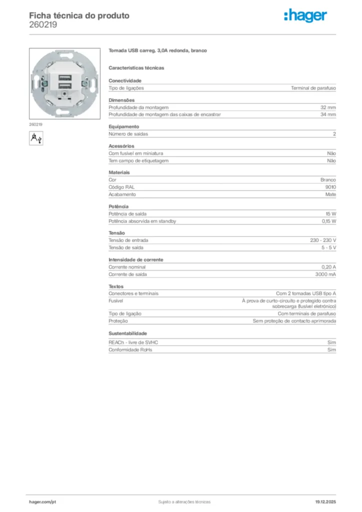 Imagem Hager Ficha técnica do produto 260219 | Hager Portugal