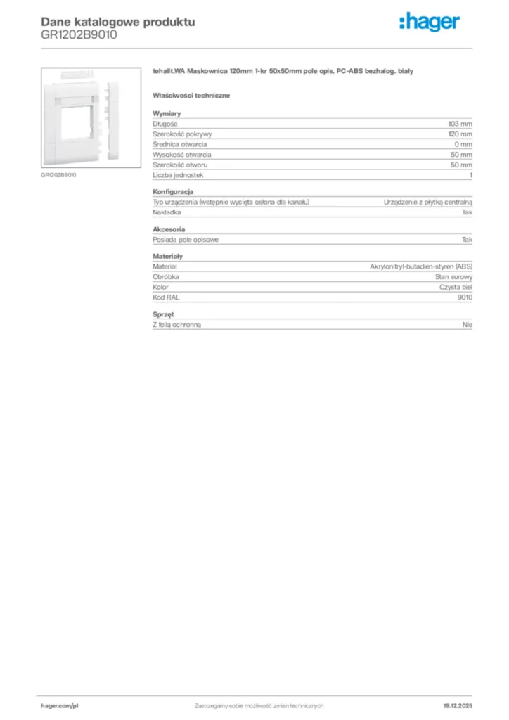 Zdjęcie Hager Karta katalogowa GR1202B9010 | Hager Polska