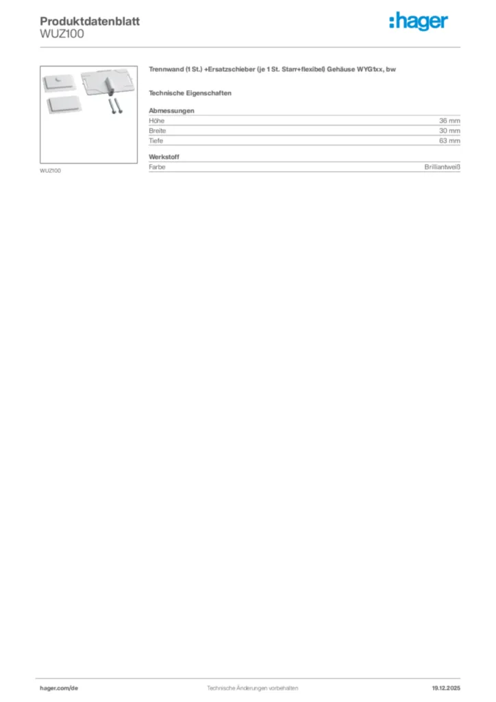 Bild Hager Produktdatenblatt WUZ100 | Hager Deutschland