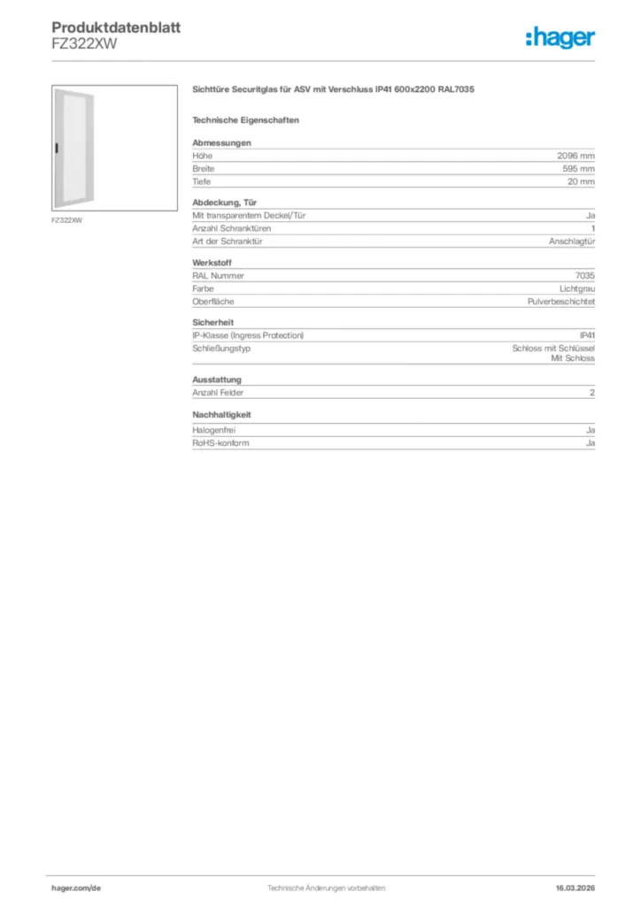 Bild Hager Produktdatenblatt FZ322XW | Hager Deutschland
