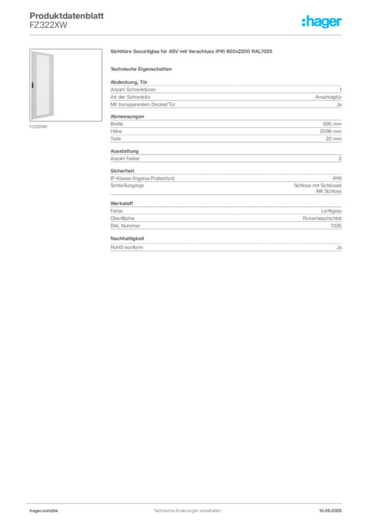 Bild Hager Produktdatenblatt FZ322XW | Hager Deutschland