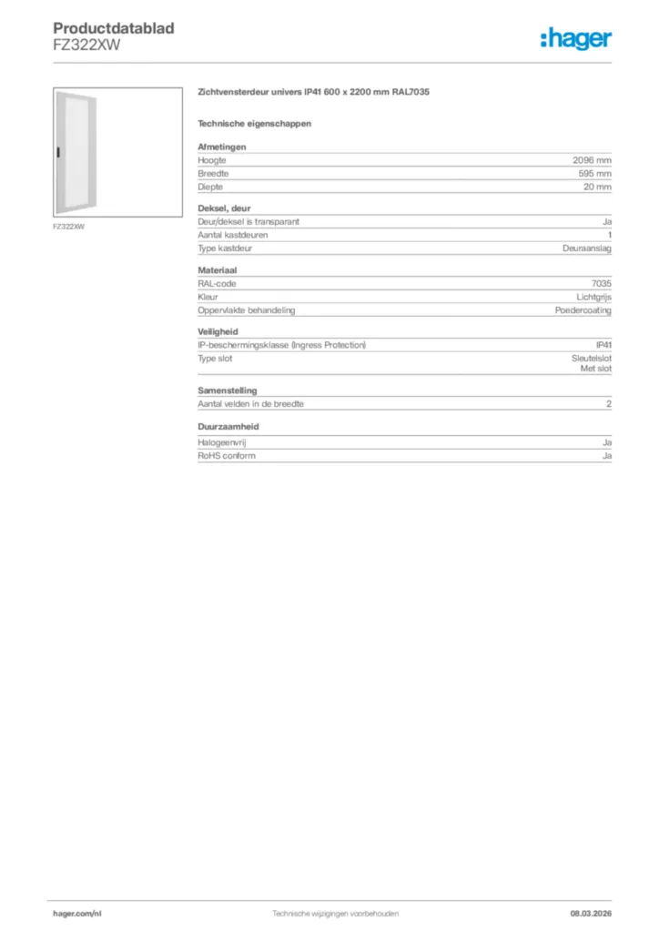 Afbeelding Hager Productdatablad FZ322XW | Hager Nederland