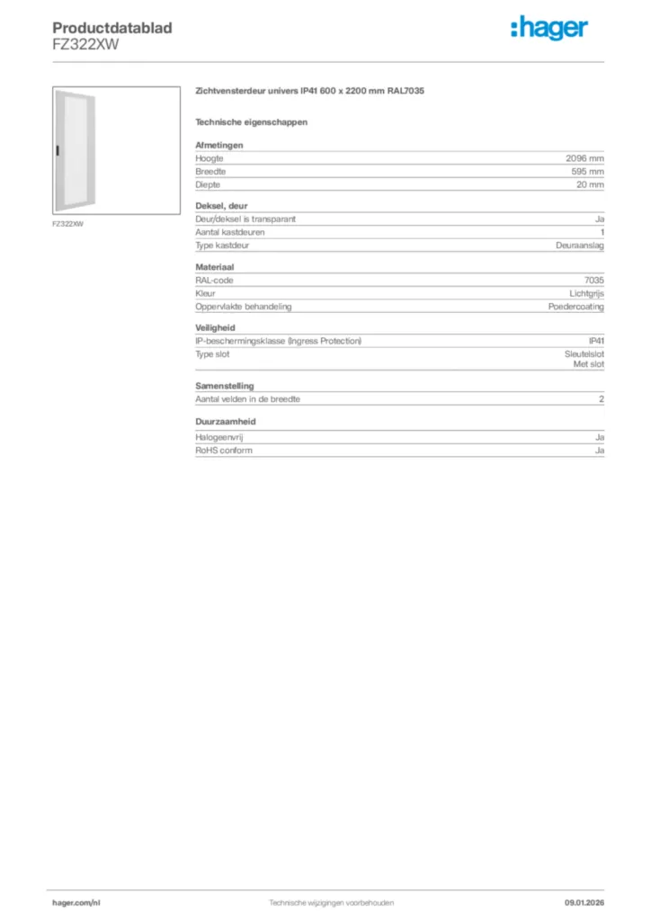 Afbeelding Hager Productdatablad FZ322XW | Hager Nederland