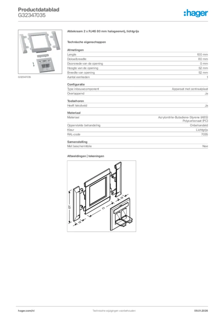 Afbeelding Hager Productdatablad G32347035 | Hager Nederland