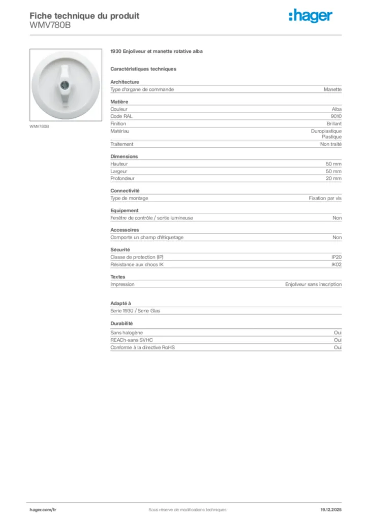 Image Hager Fiche technique du produit WMV780B | Hager France