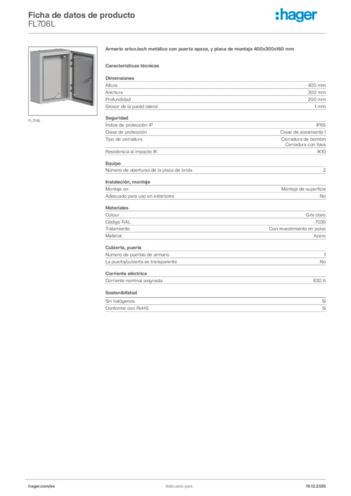 Imagen Hager Ficha de datos de producto FL706L | Hager España