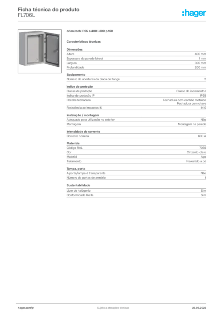 Imagem Hager Ficha técnica do produto FL706L | Hager Portugal