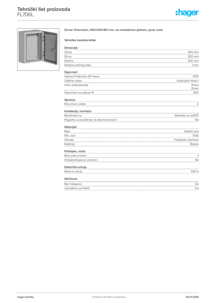 Slika Hager Product data sheet FL706L  | Hager