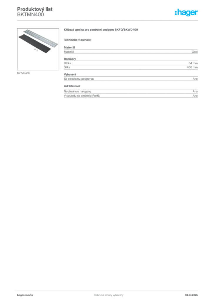 Obrázek Hager Produktový list BKTMN400 | Hager