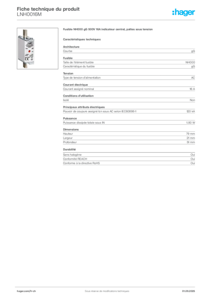 Image Hager Fiche technique du produit LNH0016M | Hager Suisse