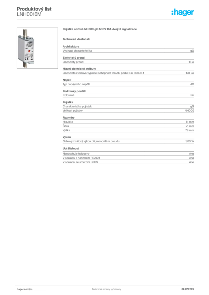 Obrázek Hager Produktový list LNH0016M | Hager