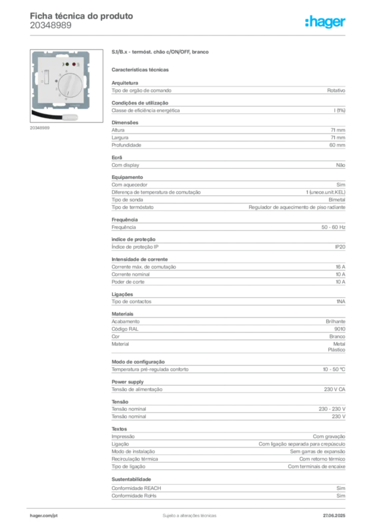 Imagem Hager Ficha técnica do produto 20348989 | Hager Portugal