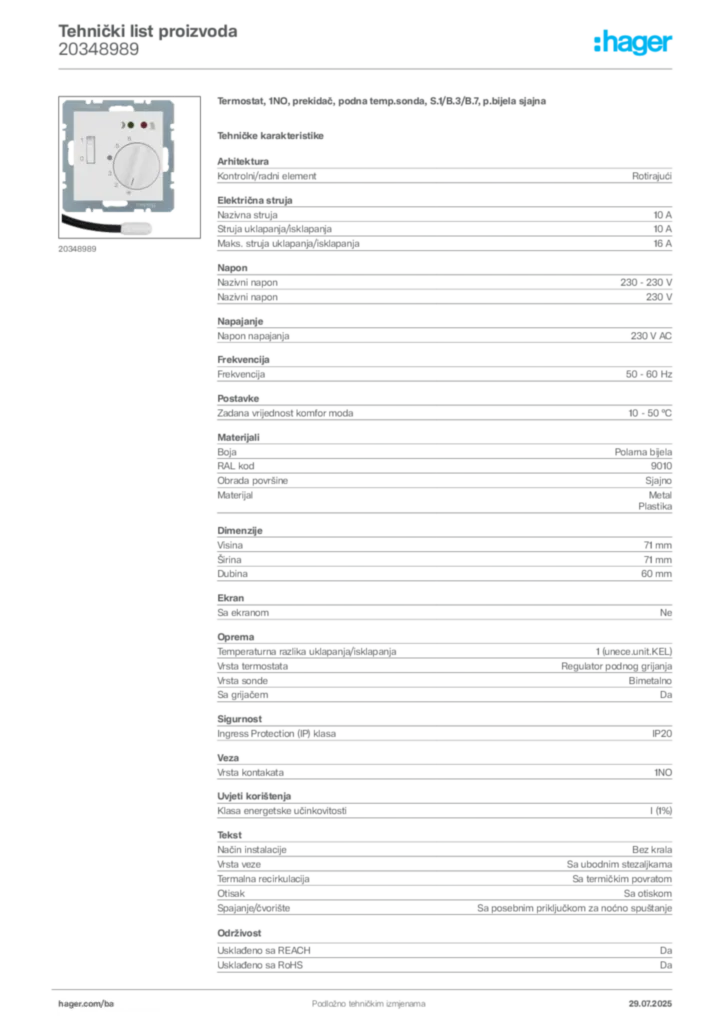 Slika Hager Product data sheet 20348989  | Hager