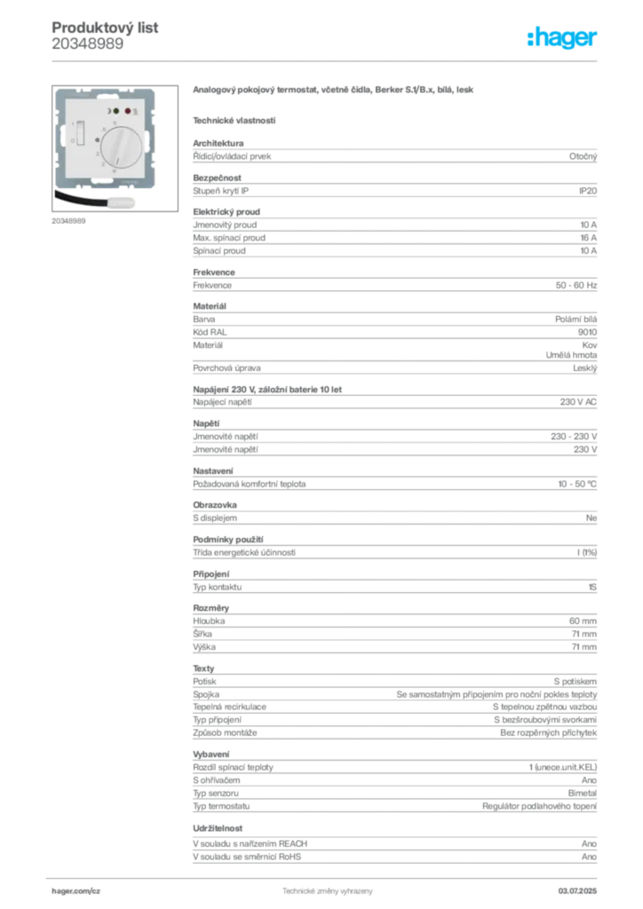 Obrázek Hager Produktový list 20348989 | Hager