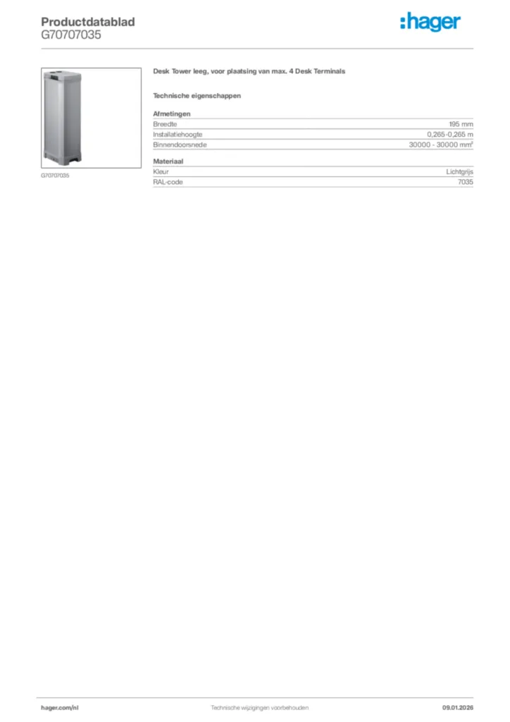 Afbeelding Hager Productdatablad G70707035 | Hager Nederland