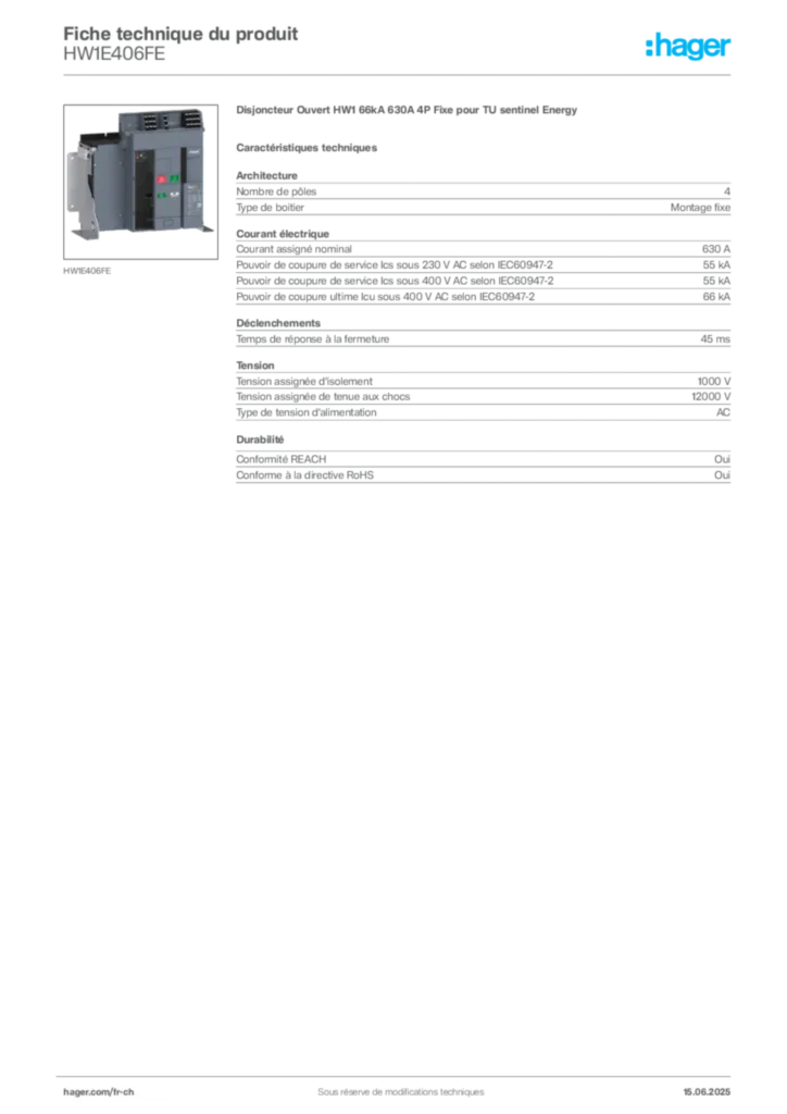 Image Hager Fiche technique du produit HW1E406FE | Hager Suisse