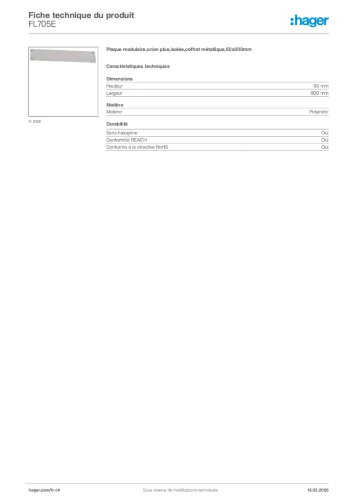 Image Hager Fiche technique du produit FL705E | Hager Suisse