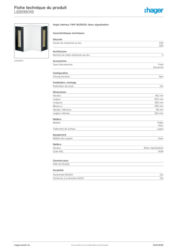 Image Hager Fiche technique du produit L69519016 | Hager Suisse