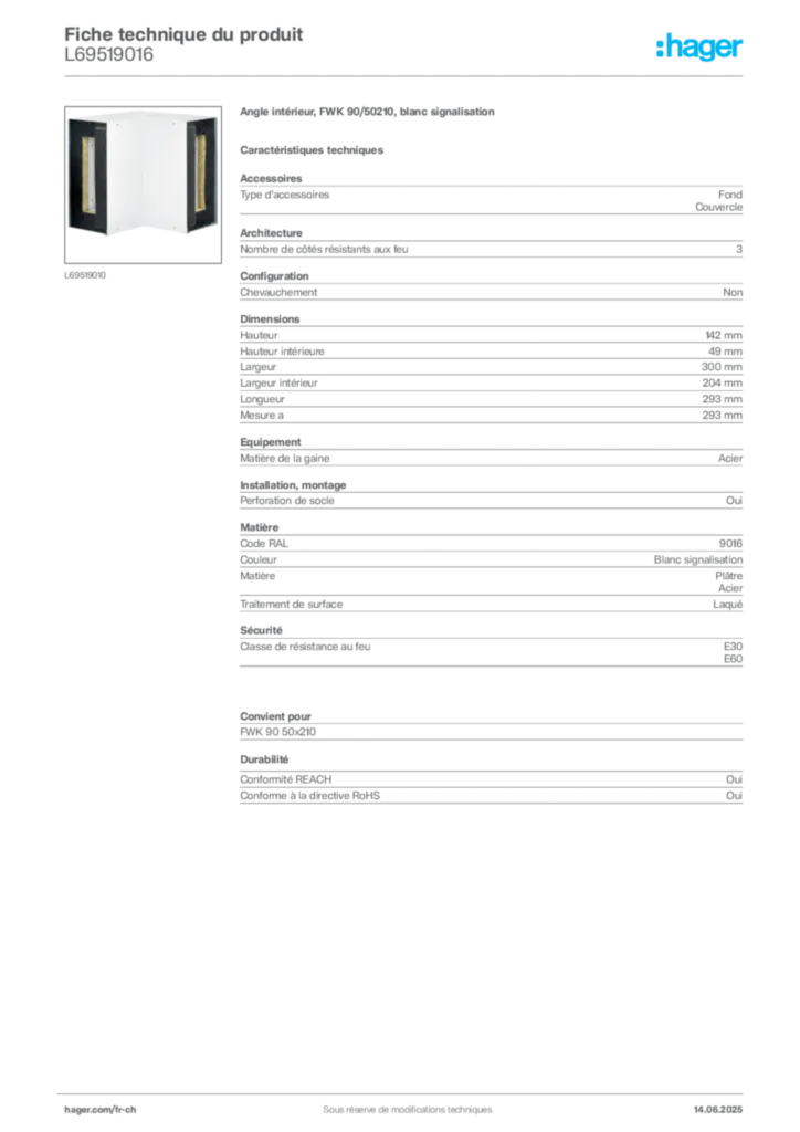 Image Hager Fiche technique du produit L69519016 | Hager Suisse