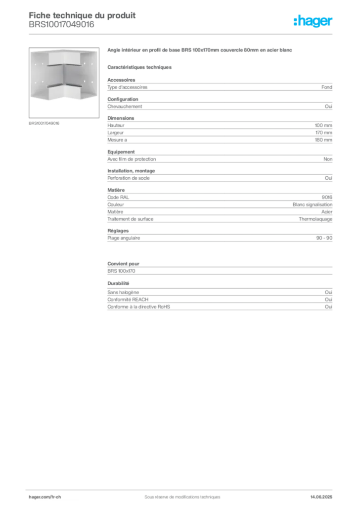 Image Hager Fiche technique du produit BRS10017049016 | Hager Suisse