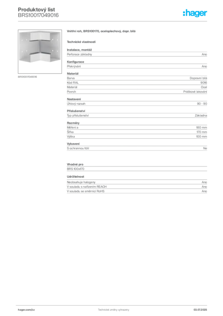 Obrázek Hager Produktový list BRS10017049016 | Hager