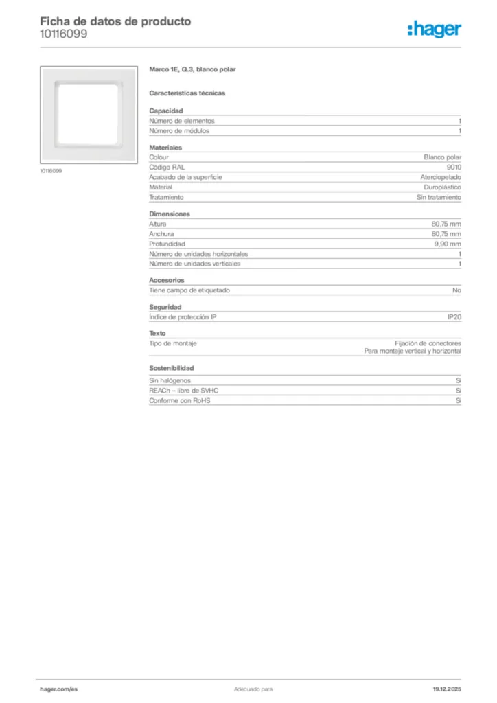 Imagen Hager Ficha de datos de producto 10116099 | Hager España