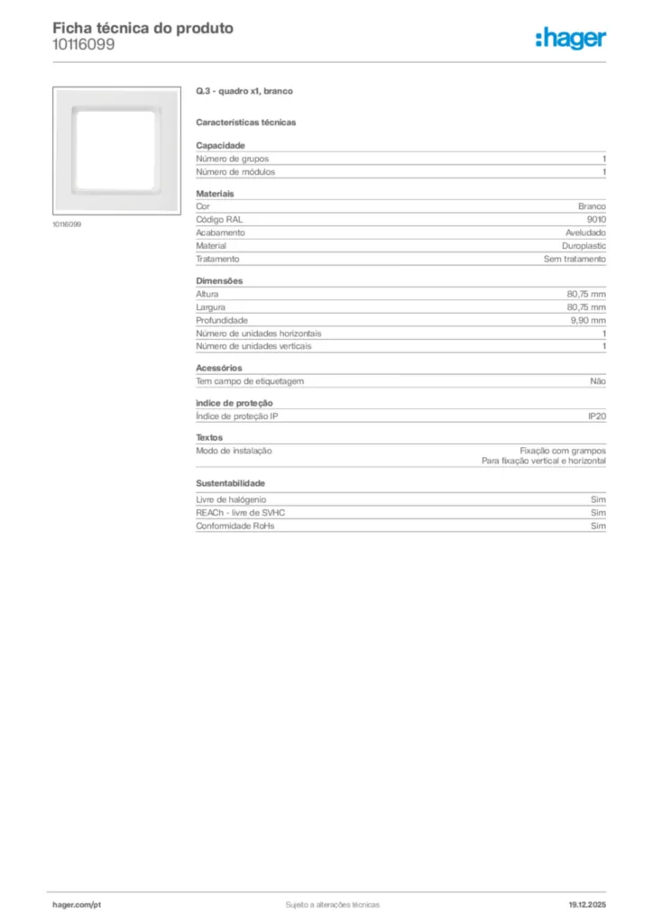 Imagem Hager Ficha técnica do produto 10116099 | Hager Portugal