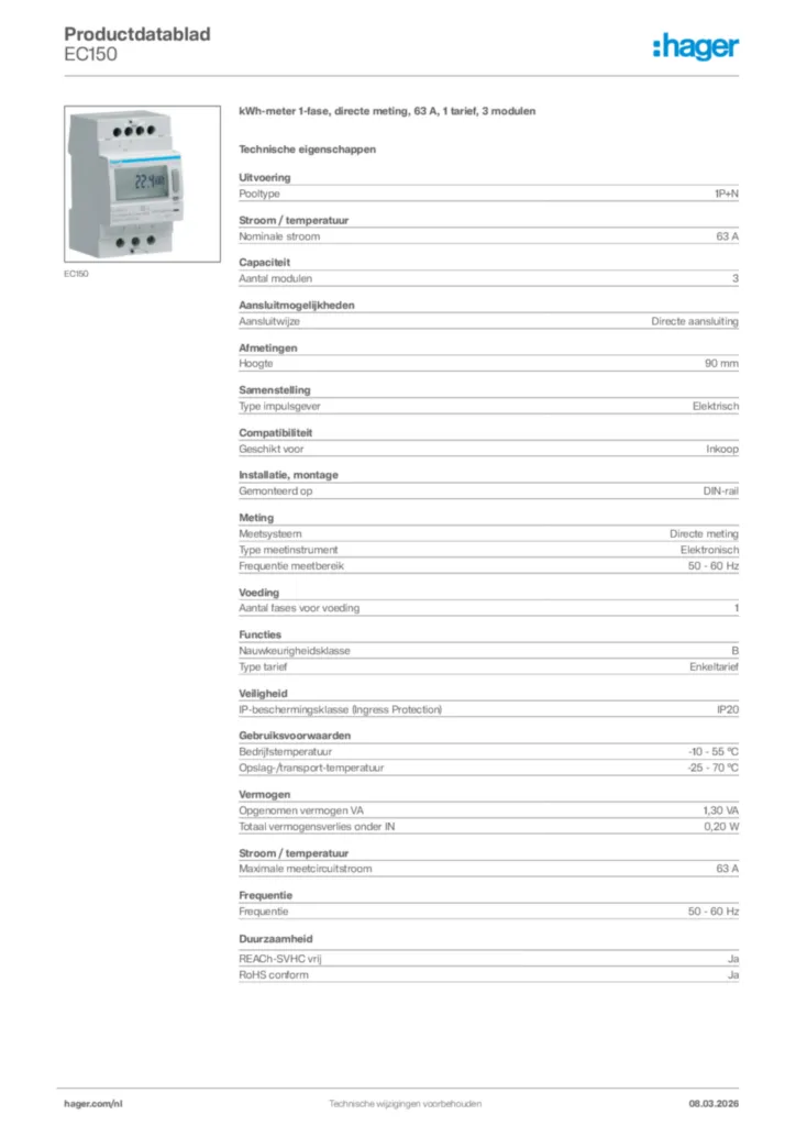 Afbeelding Hager Productdatablad EC150 | Hager Nederland