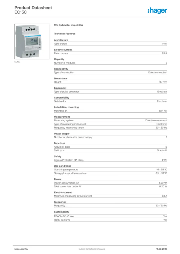 Image Hager Product data sheet EC150  | Hager Australia
