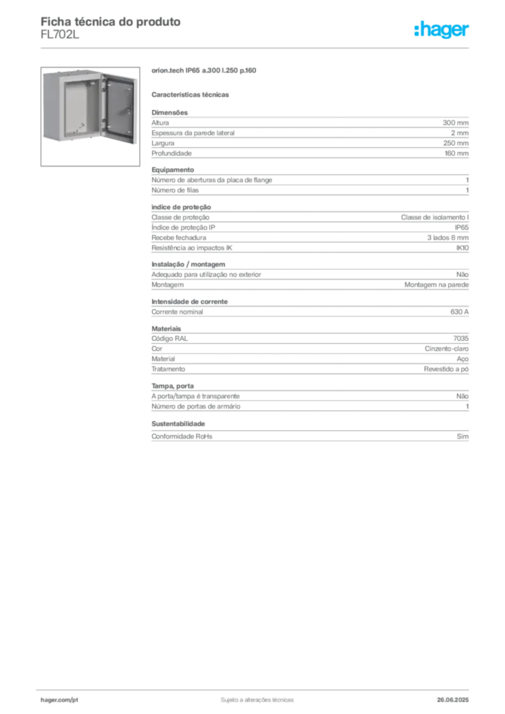 Imagem Hager Ficha técnica do produto FL702L | Hager Portugal