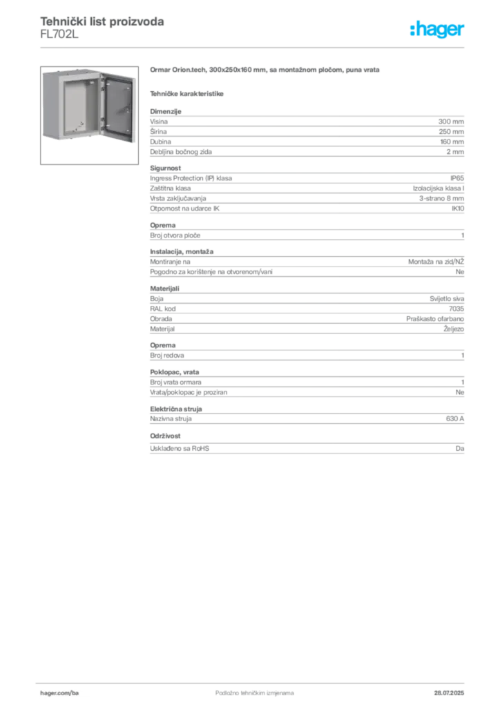 Slika Hager Product data sheet FL702L  | Hager