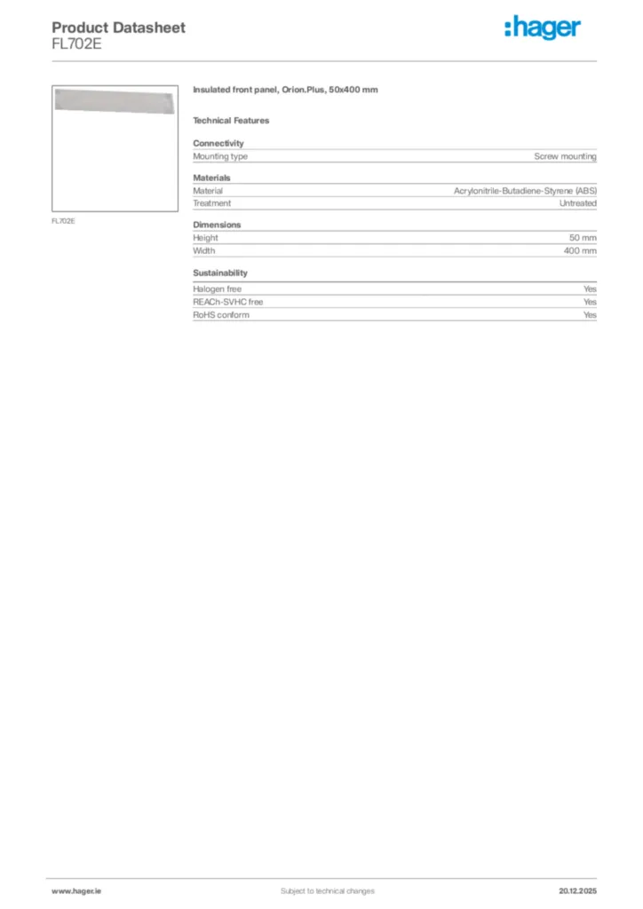 Image Hager Product data sheet FL702E  | Hager