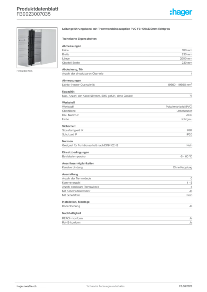 Bild Hager Produktdatenblatt FB9923007035 | Hager Schweiz