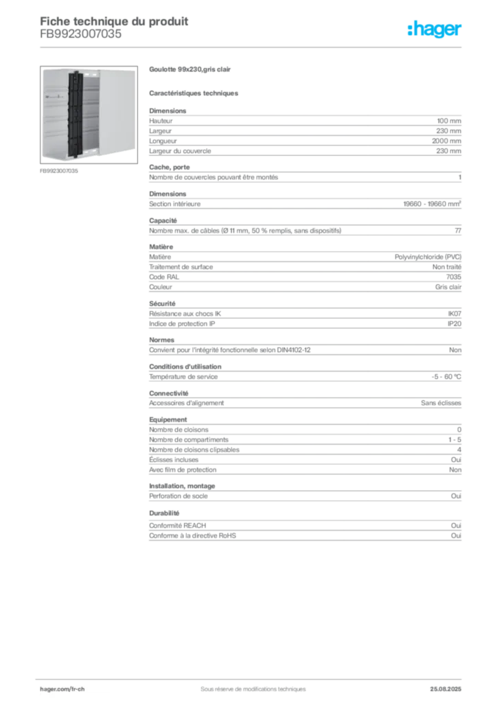 Image Hager Fiche technique du produit FB9923007035 | Hager Suisse