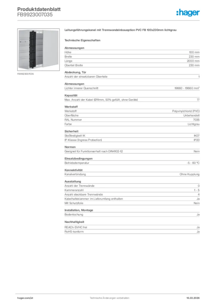 Bild Hager Produktdatenblatt FB9923007035 | Hager Deutschland