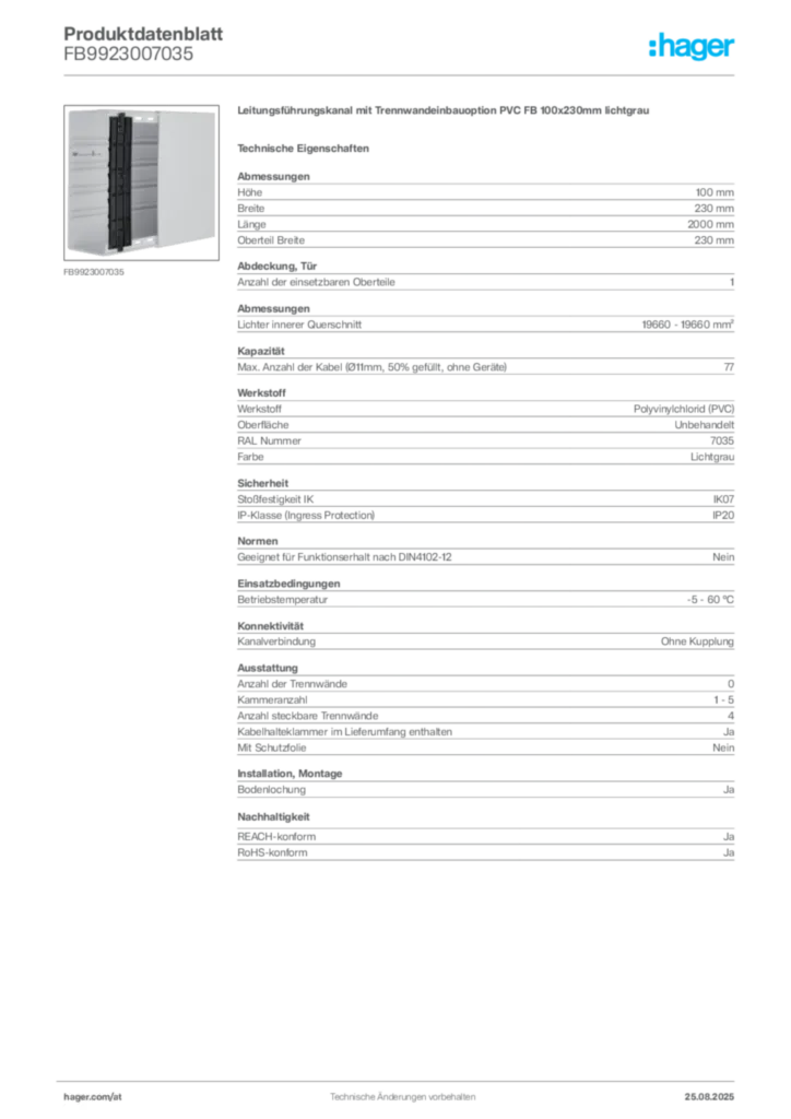 Bild Hager Produktdatenblatt FB9923007035 | Hager Deutschland