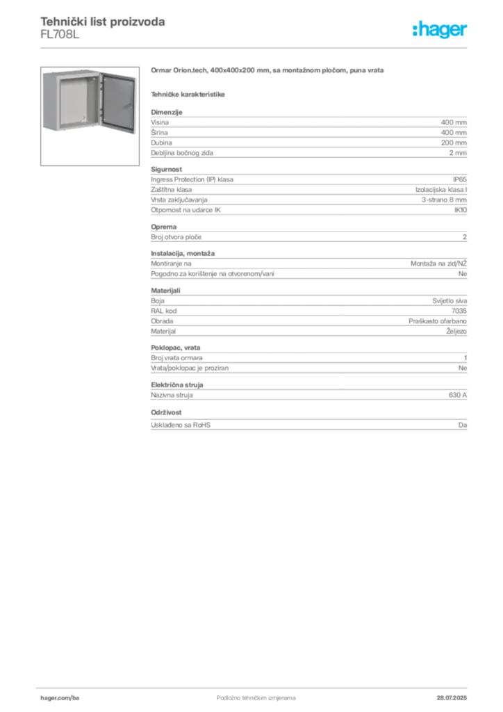 Slika Hager Product data sheet FL708L  | Hager