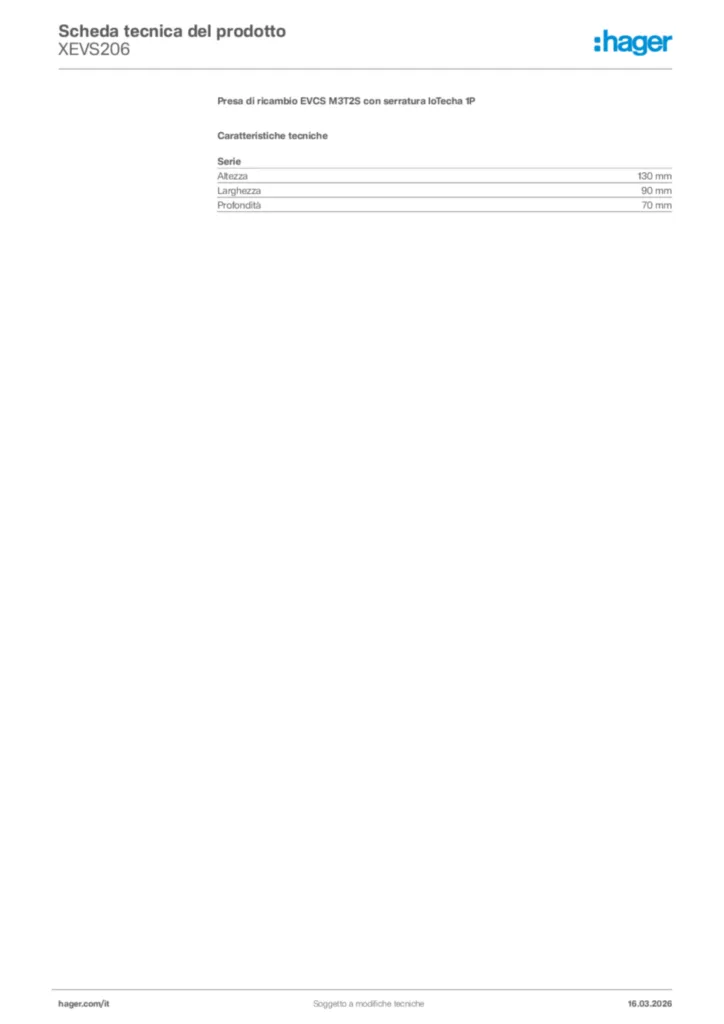 Immagine Hager Scheda tecnica del prodotto XEVS206 | Hager Italia