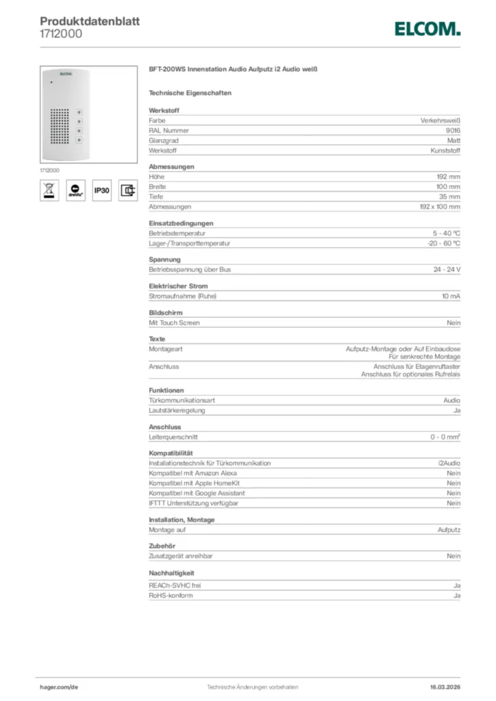 Bild Elcom Produktdatenblatt 1712000 | Hager Deutschland