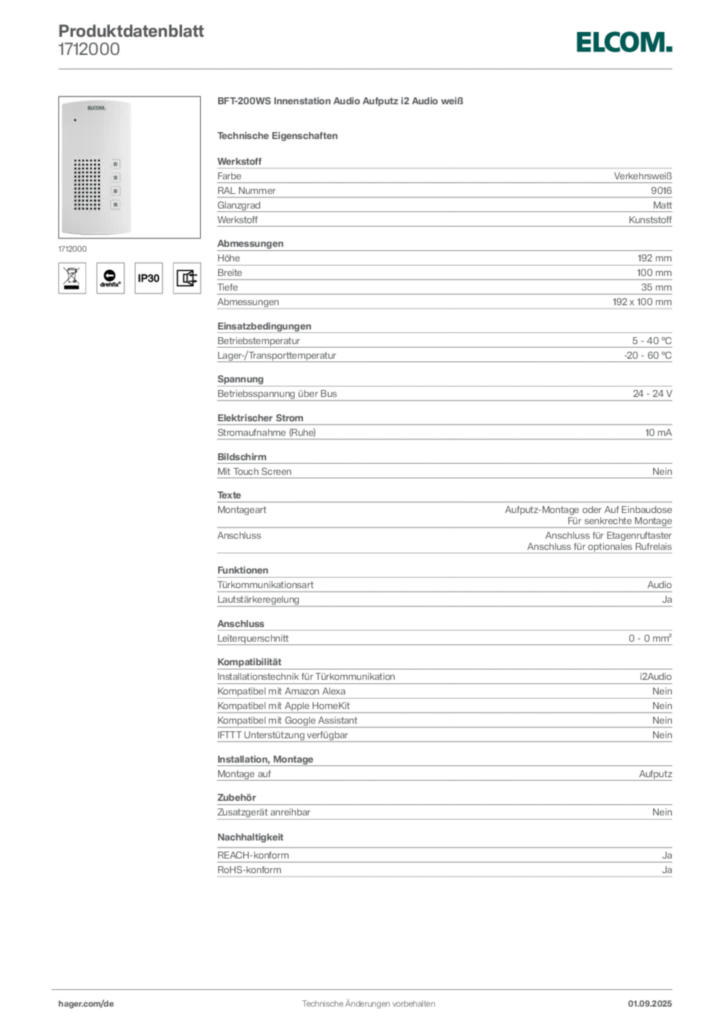 Bild Elcom Produktdatenblatt 1712000 | Hager Deutschland