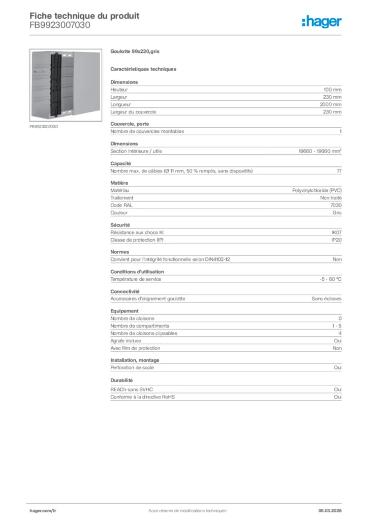 Image Hager Fiche technique du produit FB9923007030 | Hager France