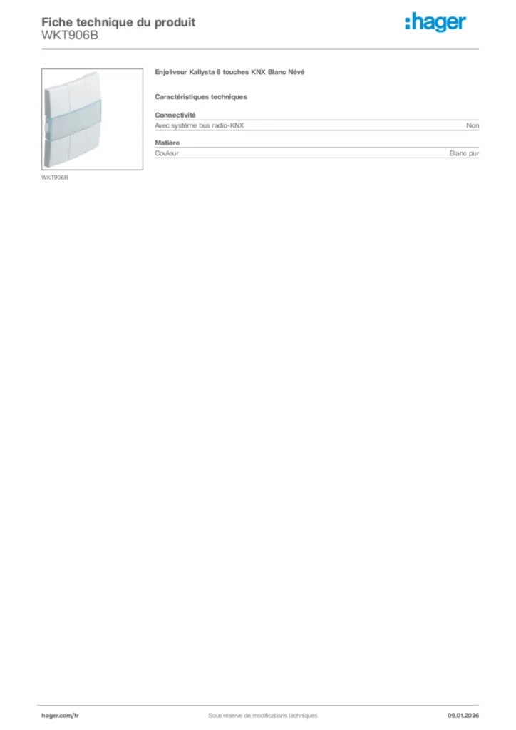 Image Hager Fiche technique du produit WKT906B | Hager France