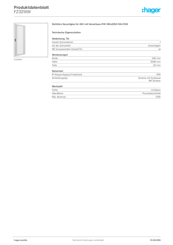Bild Hager Produktdatenblatt FZ321XW | Hager Deutschland
