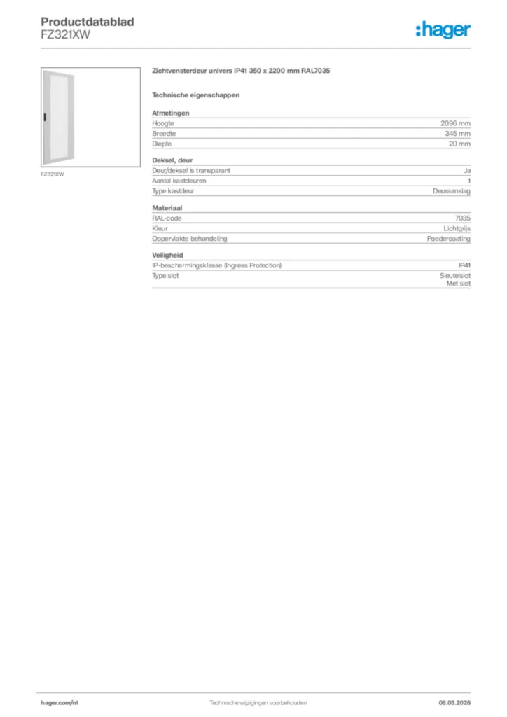 Afbeelding Hager Productdatablad FZ321XW | Hager Nederland
